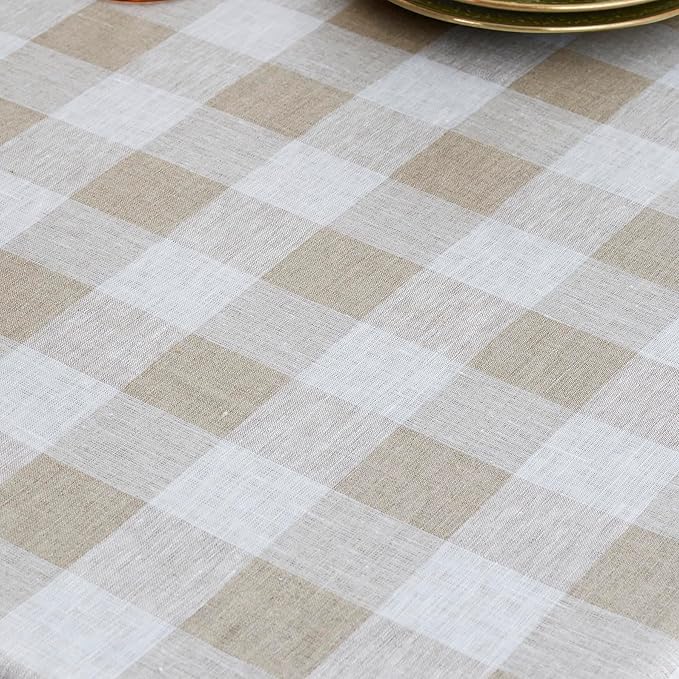 Solino Home Linen Checkered Tablecloth 60 x 108 Inch - 100% Pure Linen Buffalo Plaid Natural and White Table Cloth for Rectangular Tables - Machine Washable Tablecloth for Fall, Autumn, Thanksgiving