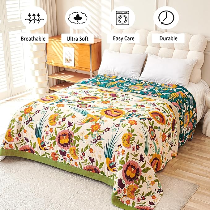 Boho Throw Blanket 50" x 60", 100% Organic Cotton Skin-Friendly Soft Bed Quilt Throw - All Season Floral Rustic Farmhouse Decor Luxury Blanket for Sofa Couch Chair and Gift.