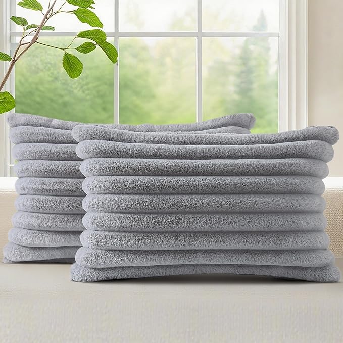 decorUhome Faux Fur Christmas Throw Pillow Covers 12x20 Set of 2, Decorative Soft Plush Striped Lumbar Neutral Couch Euro Pillow Covers with Velvet Back for Sofa, Bed, Living Room Home Decor, Grey