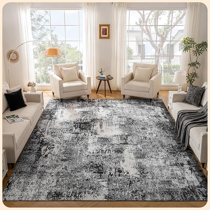 Istana Living Room Rug 10x14 - Grey Black 10 x 14 Area Rug - Foldable Machine Washable Area Rugs 10x14 - Stylish 10x14 Area Rugs Boho - Stain Resistant Washable Rug 10x14