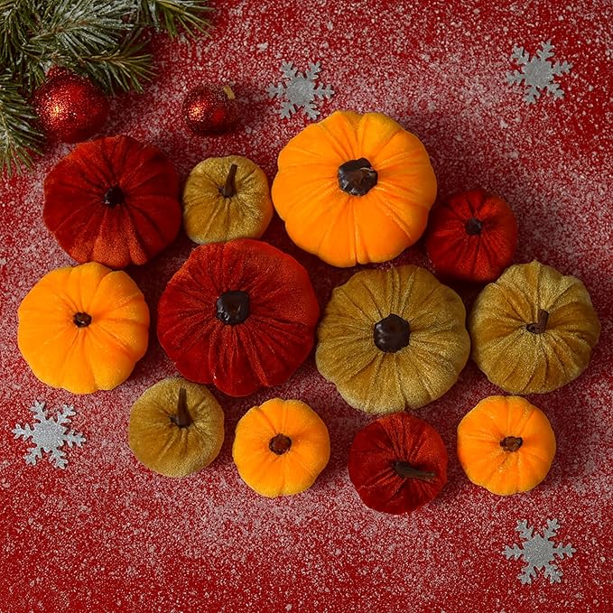 12 Faux Flocked Pumpkins, Perfect for Fall Harvest, Halloween, or Thanksgiving Table Centerpieces(12, Orange, Yellow, and Crimson)