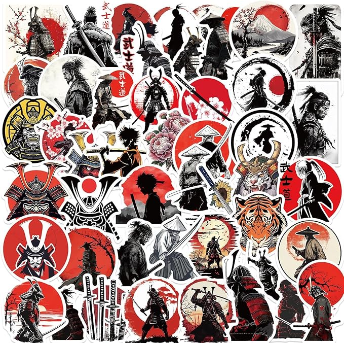 Yoksas Japanese Bushido Stickers - 50Pcs Waterproof Samurais Spirit Stickers for Laptop,Car Bumper,Helmet,Water Bottle,Hard Hats