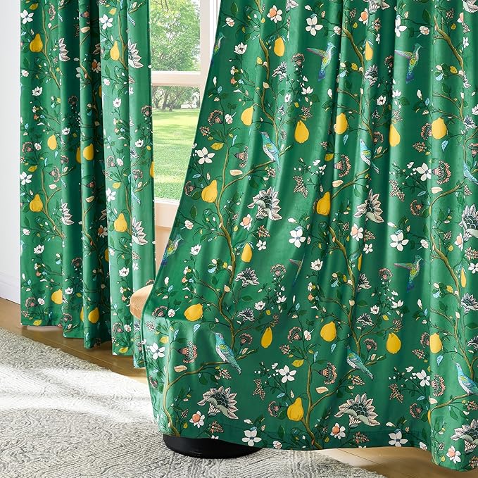 Velvet Floral Curtains 108 inches for Living Room,Dark Green Vintage Whimsical Botanical Room Darkening Curtain Drapes,2 Panels Mid Century Art Deco Hummingbird Colorful Window Curtains for Bedroom