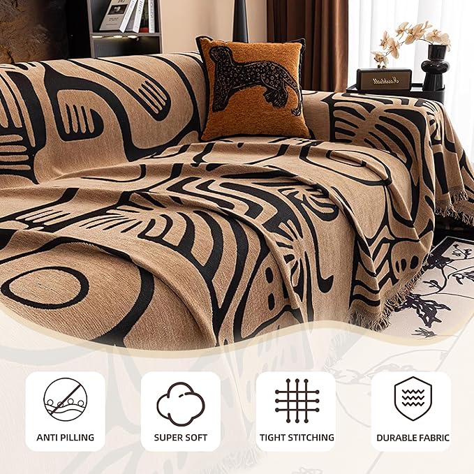 Couch Cover for 2-3 Cushion Couch, Reversible Boho Couch Covers, Modern Slipcover Chenille Couch Covers, Sofa Covers Washable, Sofa Furniture Protector for Pets, Kids, 71''x118'', Brown