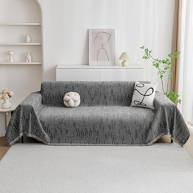 MYSKY HOME Sectional Couch Cover, Dark Grey Lines Sofa Covers for Sectional Sofa L Shape Chenille Couch Protector for Dogs Pets Couch Throw Cover Washable Durable for Home Decor, 71" X118"