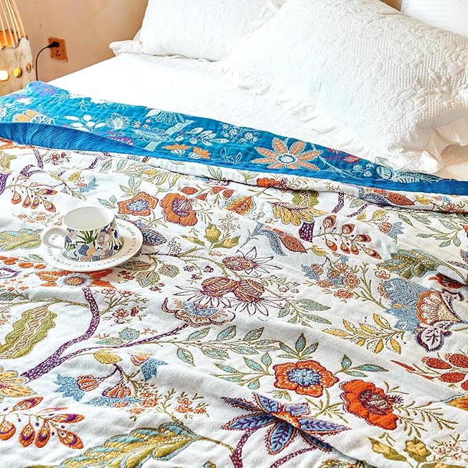 Boho Throw Blanket, 100% Organic Cotton Breathable Skin-Friendly Ultra Soft Bed Quilt Throw - All Season Floral Farmhouse Décor Luxury Blanket for Sofa Couch Chair and Gift. 91" x 98"