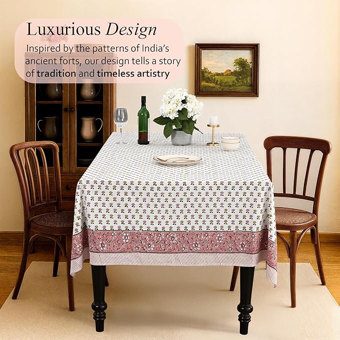 CPC Rosette Bloom Tablecloth 100% Cotton 72x140 Inch Indian Block Print Rectangle Table Cover, Table Cloth for Gifting in Weddings, Halloween, Fall, Christmas, Thanksgiving