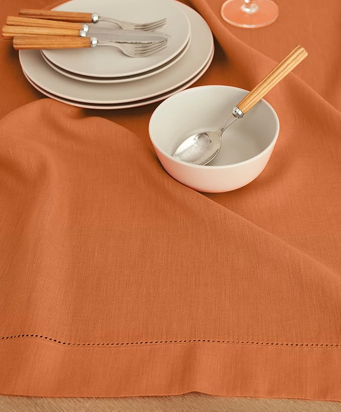 Solino Home Linen Square Tablecloth 52 x 52 Inch - 100% Pure Linen Pumpkin Table Throw - Classic Hemstitch, Machine Washable Table Cloth for Fall, Autumn, Thanksgiving, Holiday