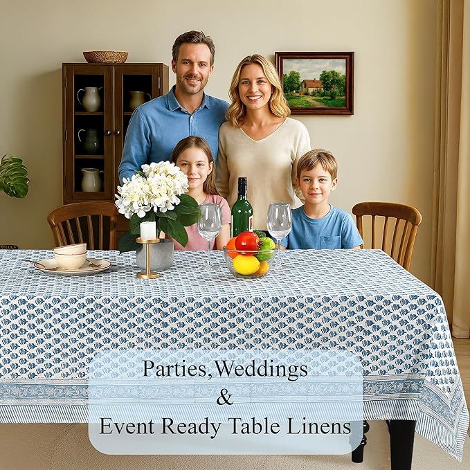 CPC Tablecloth 100% Cotton 72x190 Inch Indian Block Print Rectangle Table Cover, Blue Table Cloth for Weddings, Spring/Summer, Barbeque - Apatite Blue