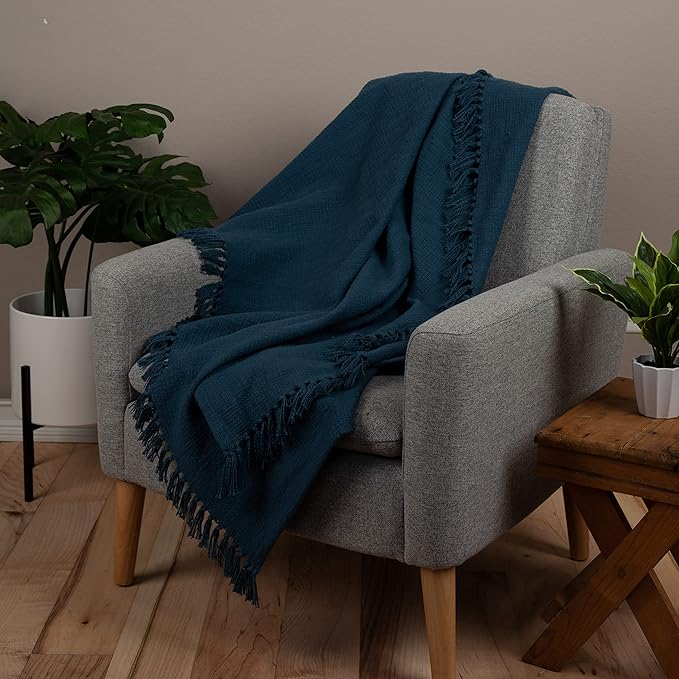 Sticky Toffee Woven Cotton Throw Blanket 60x50 in – Blue Navy Textured Blanket with Fringe for Couch or Bed, Thick and Durable Boho Decorative Throw