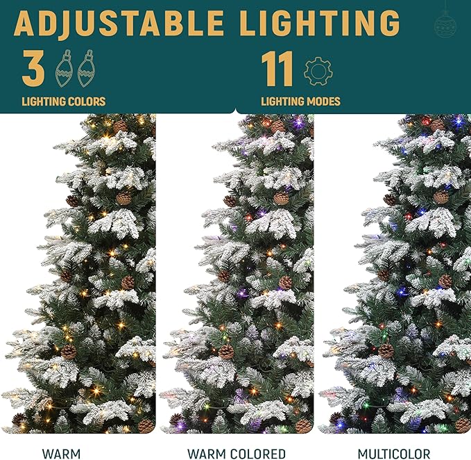 YITAHOME 7.5FT Prelit Christmas Tree w/Remote Control, Hinged Artificial Pre-Decorated Tiered Flocked Christmas Tree w/ 1200 PE&PVC Mixed Frosted Tips and Pinecones, w/ 11 Lighting Modes & 3 Timers