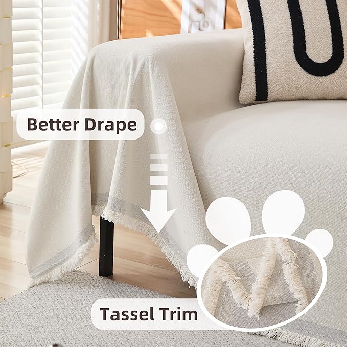 Couch Cover for 3-4 Cushion Couch Sofa Cover for Dog, Couch Covers for Oversized Sofa, Sofa Covers Washable Pet Couch Covers, Sofa Slipcover Non-Slip L Shape Couch Cover, 71''x150'', Cream