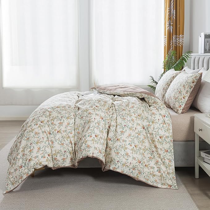 HoneiLife Botanical Duvet Cover Queen - 100% Cotton Comforter Cover Sets, Floral Duvet Cover Sets,Wildflower Bedlinen Set with Zipper Closure & Corner Ties