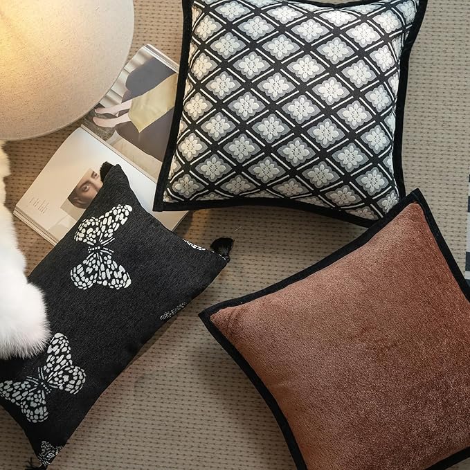 New 20x20'' inches Throw Pillow Cushion Covers - Black Camellia Cocostyle Chenille Jacquard Embroidery Vogue Luxury Modern Style Couch Sofa Bed Pillow Cover for Living Room Bedroom