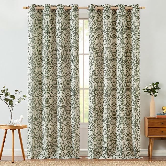 jinchan Extra Linen Curtains for Living Room Moss Green Damask 108 Inches Long for Bedroom Light Filtering Vintage Curtains 9FT Long for Drapes Grommet Window Treatments 2 Panels Set