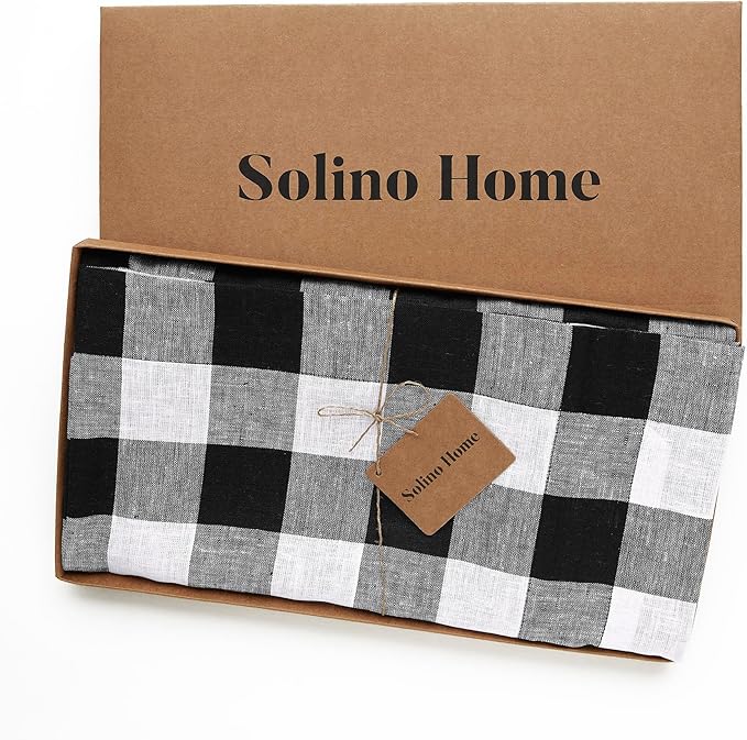 Solino Home Linen Checkered Tablecloth 60 x 156 Inch - 100% Pure Linen Black and White Buffalo Plaid Table Cloth for Rectangle Tables - Machine Washable Tablecloth for Fall, Winter, Thanksgiving