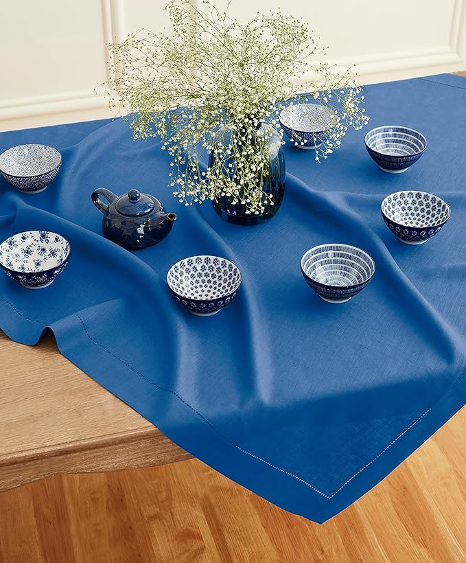 Solino Home Linen Square Tablecloth 52 x 52 Inch - 100% Pure Linen Indigo Blue Table Throw - Classic Hemstitch, Machine Washable Table Cloth for Fall, Autumn, Christmas