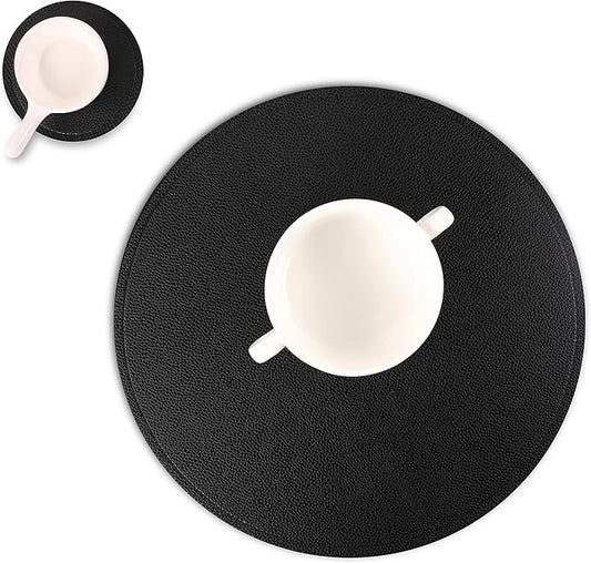 Set of 6 Faux Leather Round Placemats and Coasters, Coffee Mats Kitchen Table Mats, Waterproof, Easy to Clean for Kitchen Dining Round Table