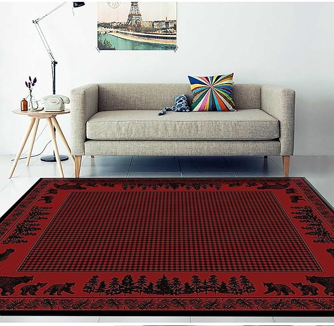 Red and Black Buffalo Plaid Area Rugs, 3x4ft, Rustic Cabin Wildlife Bear Pine Cone Border Accent Rug, Vintage Nordic Lodge Red Floor Rug Non-Skid Carpets for Living Room Bedroom Home Decor