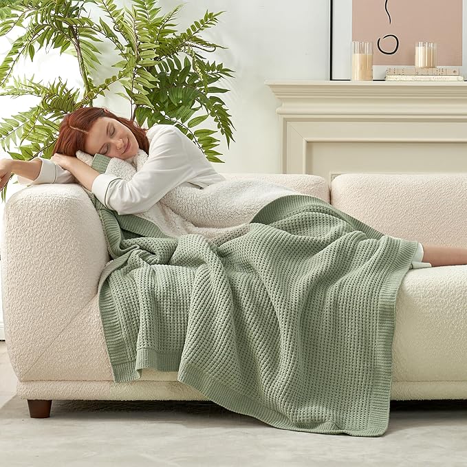 Amélie Home Reversible Waffle Weave Throw Blanket, Chenille Knit with Warm Sherpa, Soft Cozy Blanket for Couch, 50"x60", Sage Green