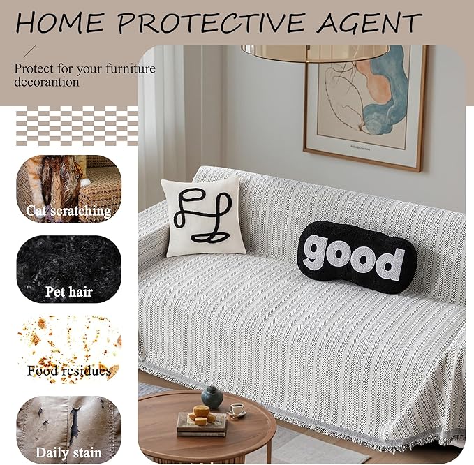 ALIECOM Boho Couch Covers for Sectional Sofa 2 Piece Thick Chenille L Shape Sectional Sofa Cover for Dogs Couch Cover Blanket Sofa Slipcovers Pet Furniture Protector Washable (XX-Large, Lines Black)