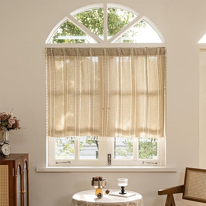 Sutuo Home Boho Curtains Valance 18 inch for Cafe Kitchen Doorway Closet, Short Linen Farmhouse Chic Tassels Window Treatment Bohemian Embroidery Drape, Rod Pocket 1 Panel 52" W x 18" L, Natural