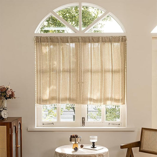 Sutuo Home Boho Curtains Valance 18 inch for Cafe Kitchen Doorway Closet, Short Linen Farmhouse Chic Tassels Window Treatment Bohemian Embroidery Drape, Rod Pocket 1 Panel 52" W x 18" L, Natural