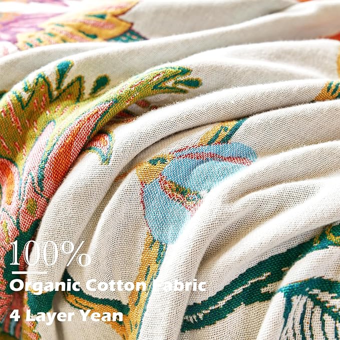 Boho Throw Blanket, 100% Organic Cotton Breathable Skin-Friendly Ultra Soft Bed Quilt Throw - All Season Floral Bird Farmhouse Décor Luxury Blanket for Sofa Couch Chair and Gift. 60" x 80"