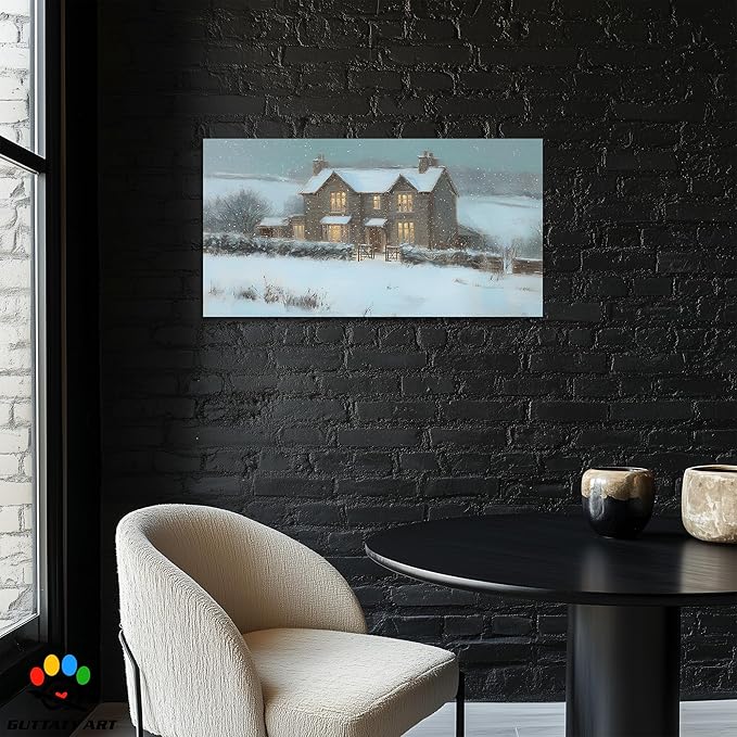 GUTTATY Christmas Winter Canvas Wall Art, Cozy House Snow Scene Canvas Painting, Christmas Winter Landscape Poster for Living Room, Office Decor, Gift for Family, 48x24 Inch