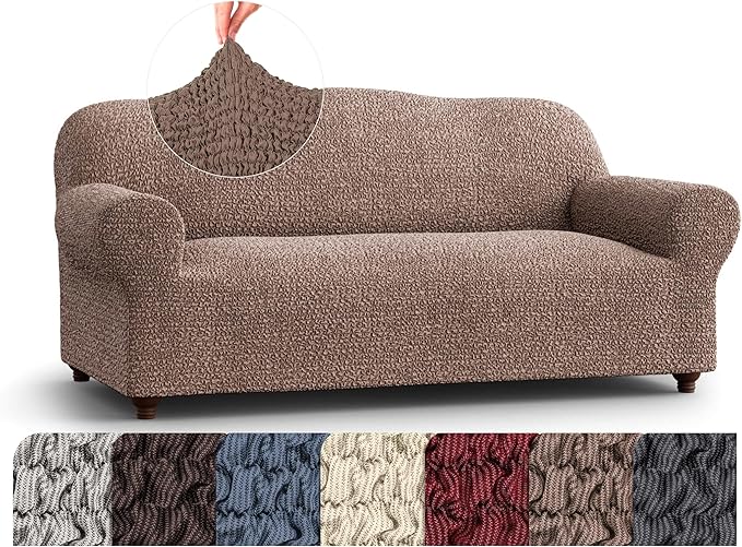 PAULATO BY GA.I.CO. Sofa Slipcover - Stretch Couch Cover - Stylish Cushion Sofa Cover - Soft Polyester Fabric Slipcover - 1-Piece Form Fit Washable Protector for Pet - Mille Righe Collection - Camel