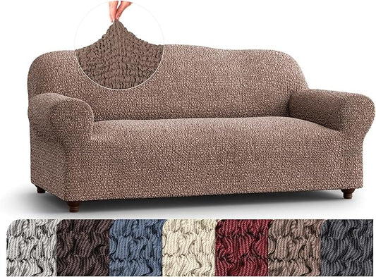 PAULATO BY GA.I.CO. Sofa Slipcover - Stretch Couch Cover - Stylish Cushion Sofa Cover - Soft Polyester Fabric Slipcover - 1-Piece Form Fit Washable Protector for Pet - Mille Righe Collection - Camel