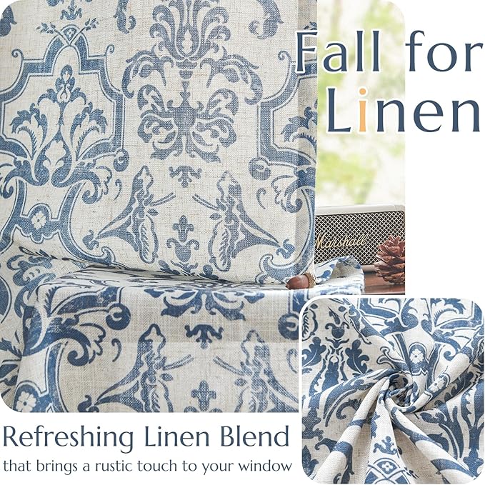 jinchan Curtains for Bedroom, Light Filtering 84 Inch Length 2 Panels Set, Baroque Style Linen Blend Drapes Living Room, Vintage Damask Window Treatments, Grommet Top Slate Blue on Flax, W52 X L84