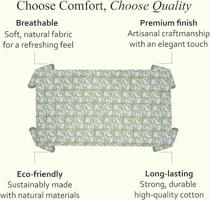 CPC Tablecloth 100% Cotton 60x90 Inch Indian Block Print Rectangle Table Cover, Washable Table Cloth for Weddings, Spring/Summer, Barbeque - Olive Green