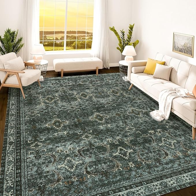 Istana 9x12 Area Rug - Dark Green 9 x 12 Area Rugs for Living Room - Foldable Rugs for Bedroom/Living Room Rug 9x12 - Stain Resistant Washable Rugs - Eco-Friendly Area Rugs