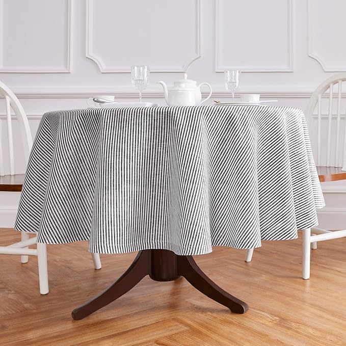 Solino Home Linen 60 Inch Round Tablecloth - Narrow Stripe, 100% Pure Linen Black and White Round Tablecloth - Machine Washable Table Cloth for Fall, Autumn, Winter, Thanksgiving, Christmas
