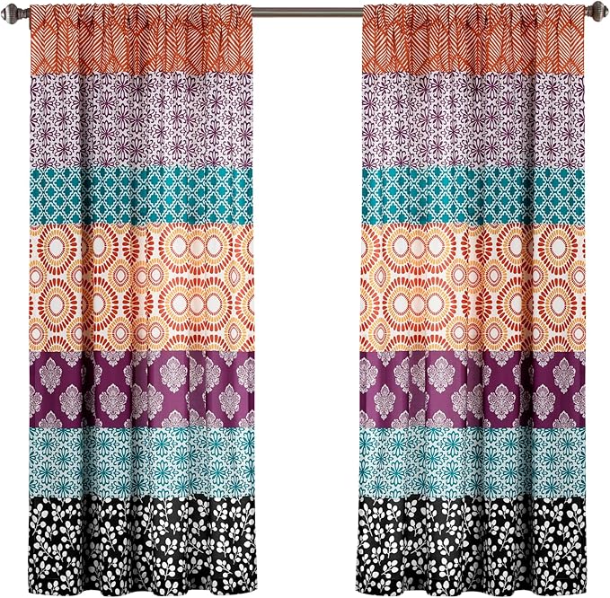 Lush Decor Bohemian Stripe Window Curtain Panels, Pair 52" W x 63" L Fuchsia & Orange - Light Filtering Curtains for Bedroom - Boho Curtains - Maximalist Decor