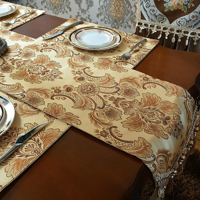 Luxury Velvet Gold Table Runner 120 Inches Long with Vintage Damask Jacquard Design for Dining Room,Living Room,Home Decor,Elegant Beaded Tapestry,Lining (Gold, 13×120 inch)