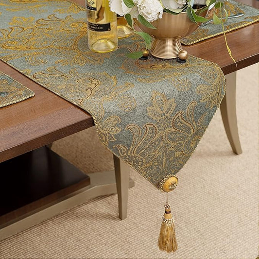 Loom and Mill Luxury Thick Chenille Table Runner, Modern Damask Jacquard Table Runners with Handmade Tassels for Dining Room Dresser Party Holiday Banquet Decorations(Blue Gold, 13x90 inch)