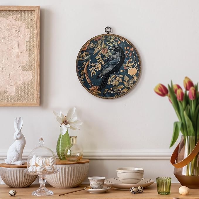 KFXHANGD Vintage Raven Crow Round Wall Art Framed, Raven Botanical Wall Art, Cottagecore Crow Canvas Wall Art Decor,Gothic Mid Century Dark Raven Hanging Wall Decor for Bathroom Living Room, 10x10In