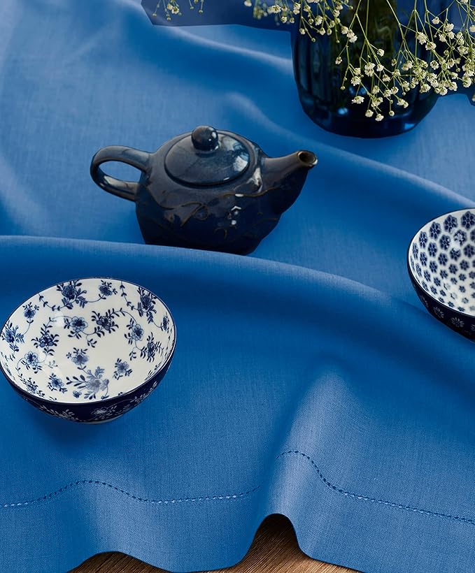 Solino Home Linen Square Tablecloth 52 x 52 Inch - 100% Pure Linen Indigo Blue Table Throw - Classic Hemstitch, Machine Washable Table Cloth for Fall, Autumn, Christmas