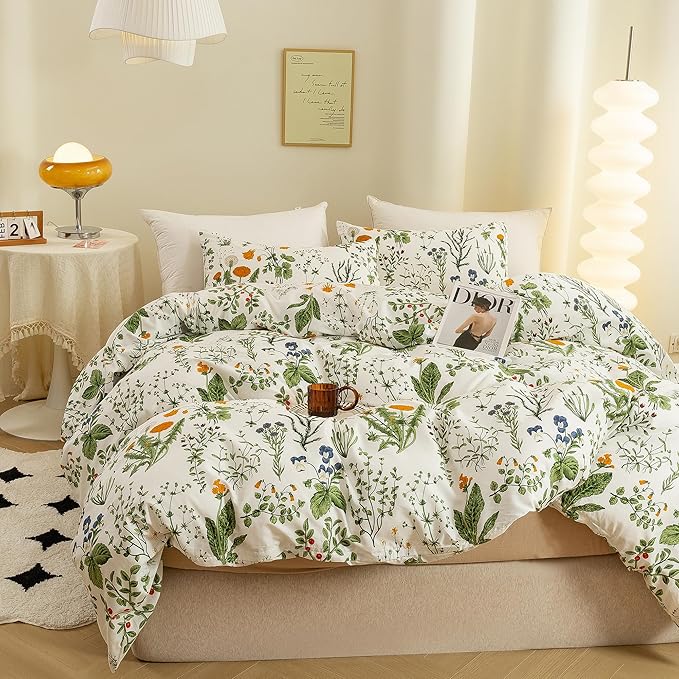 ECOCOTT 3 Pieces Floral Duvet Cover Sets King Size,100% Natural Cotton Floral Pattern 1 Duvet Cover with Zipper and 2 Pillowcases, Ultra Soft and Easy Care Breathable Cozy Simple Style Bedding Set