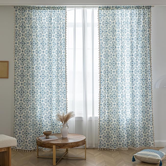 Boho Floral Curtains French Country Farmhouse Curtains 96 Inches Long Light Filtering Window Rod Pocket Drapes for Living Room 2 Panels-Blue Floral
