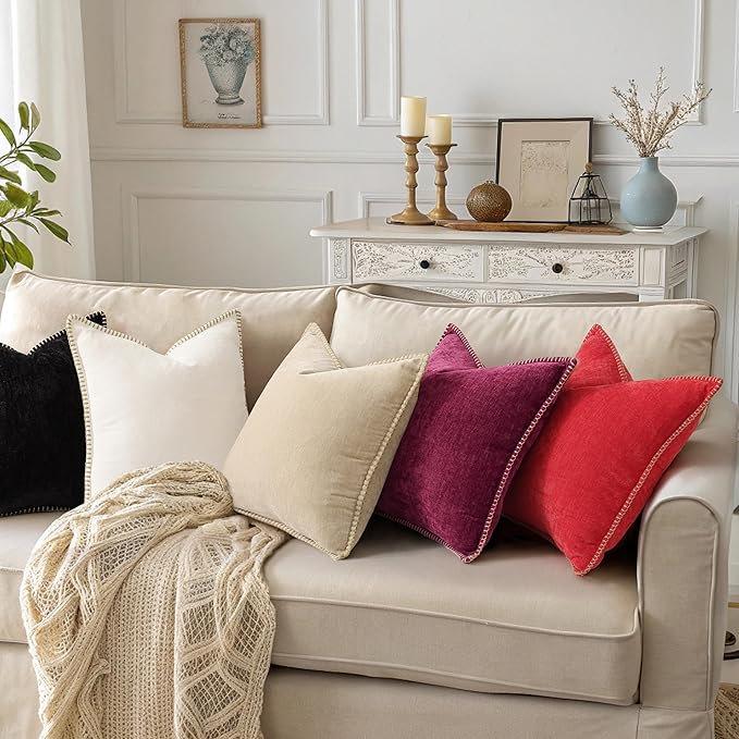 decorUhome Christmas Chenille Soft Throw Pillow Covers 24x24 Set of 2, Farmhouse Velvet Neutral Decorative Euro Pillow Covers with Stitched Edge for Couch Sofa Bed Home Decor, Rhododendron