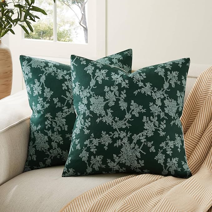 100% Cotton French Pastoral Throw Pillow Covers Set of 2, 16x16 Inch Background/Green Farmhouse Decorative Cushion Covers for Sofa Bed Living Room Home Decor