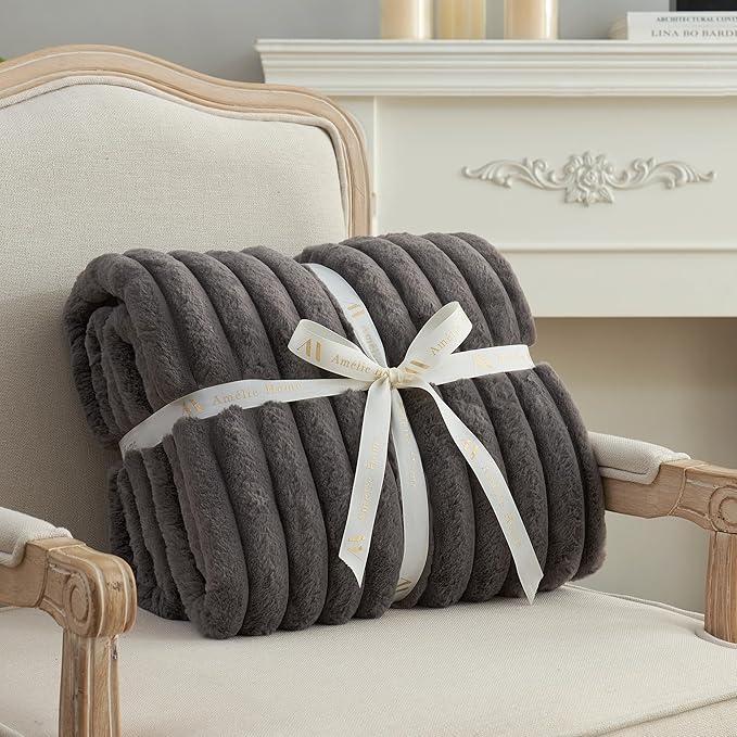 Amélie Home Faux Fur Throw Blanket for Couch, Cozy Fuzzy Fluffy Fur Luxurious Soft Striped Plush Gift Blankets for Family Sofa Chair Bedroom, 55"x70", Charcoal Grey