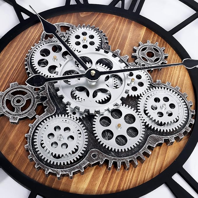 Lafocuse 23 Inch Real Moving Gear Wall Clock, Steampunk Wooden Large Wall Clock for Living Room Decor