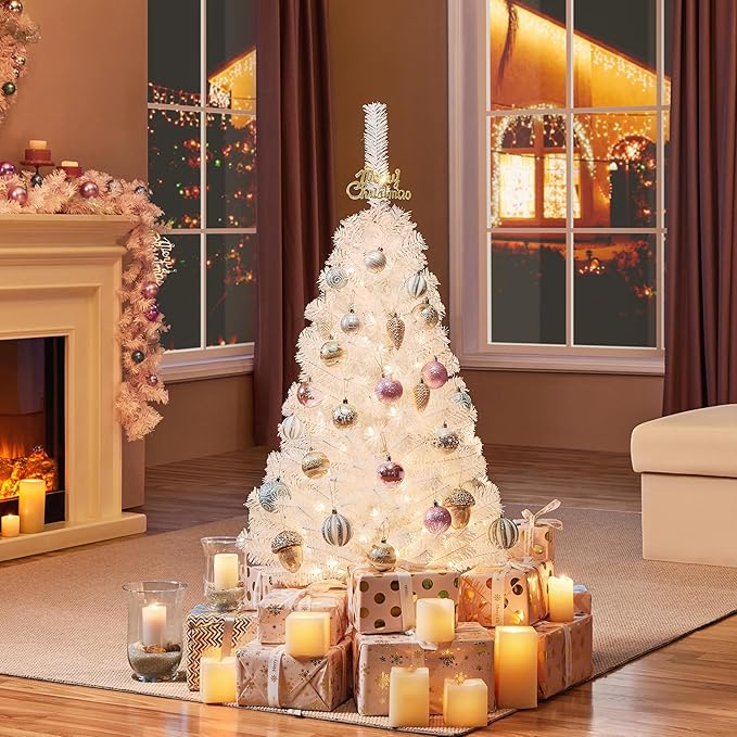 Yaheetech 4ft Pre-lit Spruce Artificial Hinged Christmas Pine Tree Prelighted Xmas Tree for Home Party Holiday Decoration with 70 Clear Warm White Lights and 110 Branch Tips, White