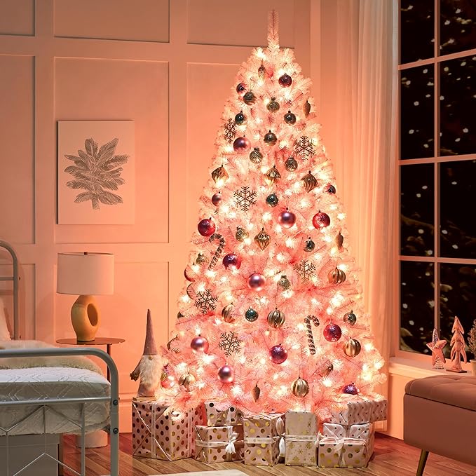 Yaheetech 7.5ft Pre-lit Artificial Hinged Christmas Tree Prelighted Full Holiday Xmas Tree for Home Party Decoration with 550 Warm White Lights & 1354 Branch Tips, Foldable Metal Stand, Pink