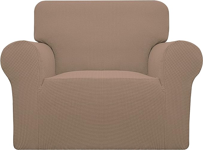 Easy-Going Stretch Chair Sofa Slipcover 1-Piece Couch Sofa Cover Furniture Protector Soft with Elastic Bottom for Kids, Pet. Spandex Jacquard Fabric Small Checks (Chair, Camel)