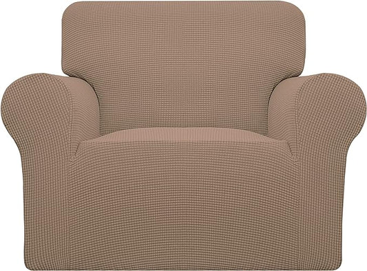 Easy-Going Stretch Chair Sofa Slipcover 1-Piece Couch Sofa Cover Furniture Protector Soft with Elastic Bottom for Kids, Pet. Spandex Jacquard Fabric Small Checks (Chair, Camel)